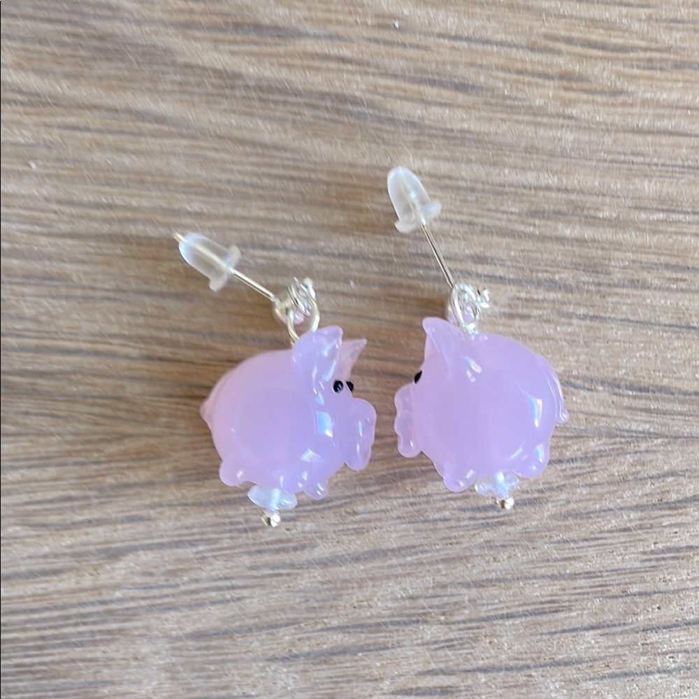 HAND CRAFTED PINK PIGLET EARRINGS Glass Pink Sterling Silver Posts Whimsical - Picture 3 of 12